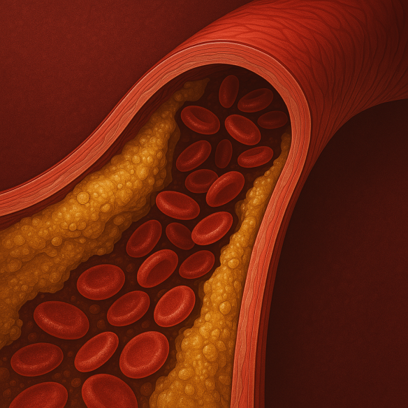 Clogged artery from decades of fatty diet—plaque buildup and blocked blood flow.